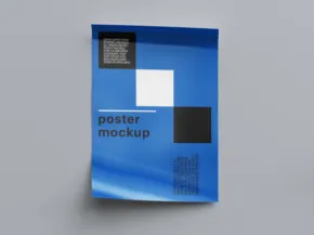 Blue poster template with a qr code and text details on a gray background. - PSD Mockup