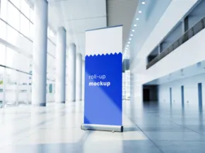 A blue-and-white digital kiosk displaying the text "digital check-in" in a spacious, modern lobby with large windows and a high ceiling now features a new template mockup. - PSD Mockup