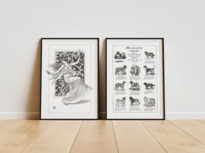Two framed prints leaning against a wall on a wooden floor; one is an abstract portrait mockup, the other displays various animal illustrations. - PSD Mockup