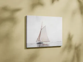 A canvas painting of a sailboat on calm waters, displayed on a textured beige wall with soft plant shadows as a mockup. - PSD Mockup