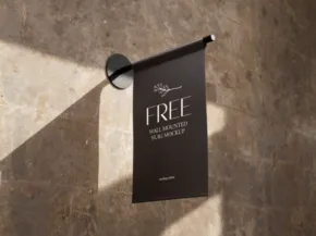 A black wall-mounted brochure holder displaying a mockup template of a flyer with the word "free" under sunlight on a stone surface. - PSD Mockup