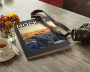 A magazine with a landscape template lies on a wooden table next to a camera, a tea cup, and a vase of flowers. - PSD Mockup