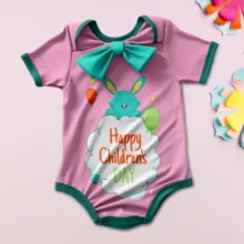 A pink infant bodysuit mockup with a whimsical bunny design and the greeting "happy children's day" displayed against a pastel background with scattered confetti. - PSD Mockup