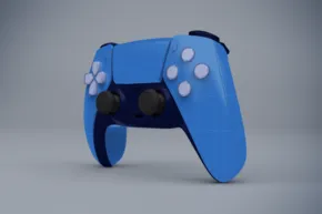 Blue game controller mockup on a gray background. - PSD Mockup