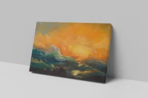 A canvas painting mockup depicting a vibrant sunset over a mountainous landscape, displayed against a plain background. - PSD Mockup