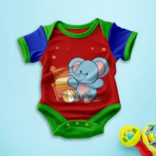 Baby onesie mockup with a cartoon elephant design on a blue background. - PSD Mockup