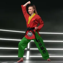 A girl in a red and green karate uniform mockup. - PSD Mockup