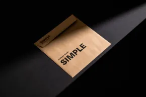 A brown envelope with the word "template" printed on it, resting diagonally on a dark surface. - PSD Mockup