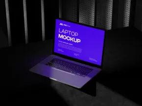A laptop open on a login screen, illuminated in a dark room with light streaming through vertical blinds, serves as an ideal mockup. - PSD Mockup