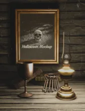 Vintage-style template of a skull on display beside a candlestick and a small cage, evoking a moody, dark ambiance. - PSD Mockup