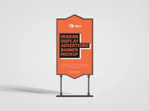 Orange and white informational sandwich board sign mockup with modern design elements. - PSD Mockup