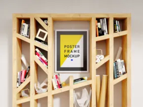 Wooden bookshelf filled with books, decorative items, and a large framed template in the center. - PSD Mockup