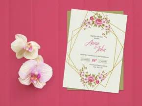 Wedding invitation template with floral design on a pink background, next to white and pink orchid flowers. - PSD Mockup