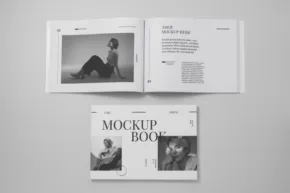 An open and closed magazine template displaying monochrome pages with a model and text layout. - PSD Mockup