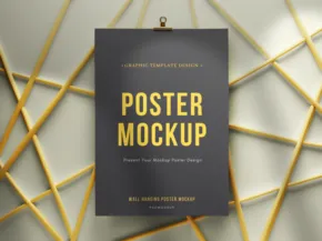 A dark gray poster template with the words "Poster Mockup" in large yellow letters, displayed on a wall with a gold geometric pattern background. - PSD Mockup