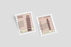 Two postage stamp mockups featuring illustrations of tall buildings. - PSD Mockup