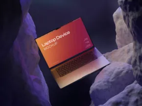 A laptop with a red screen displaying "login mockup" placed on rocky terrain under dim, purple lighting. - PSD Mockup