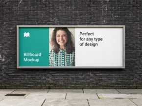 Billboard on a street wall featuring a mockup advertisement with a smiling woman and text that reads "perfect for any type of design. - PSD Mockup
