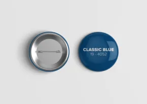 Two buttons, one metallic without text and one blue with the inscription "classic blue 19-4052", serve as a template. - PSD Mockup