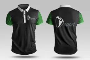 A black and green polo shirt template with a logo on it. - PSD Mockup