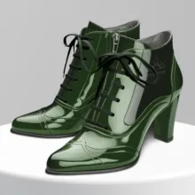 A pair of shiny green women's ankle boots with laces on a white mockup display stand. - PSD Mockup