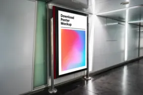 A colorful ad mockup in a hallway with a template billboard. - PSD Mockup