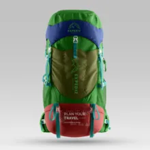 Green and blue hiking backpack template with adjustable straps and multiple compartments. - PSD Mockup