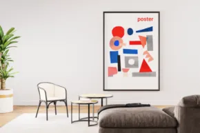 Modern abstract art in a minimalist living room, featuring geometric shapes in vibrant colors on a white wall, with a simple furniture template nearby. - PSD Mockup