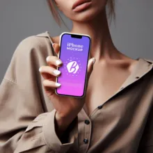 A person holding a smartphone with an on-screen disability access symbol and text, serving as a mockup template for "iPhone unlock. - PSD Mockup