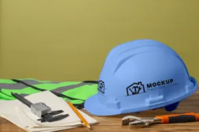 A construction hard hat and tools on a wooden table mockup. - PSD Mockup