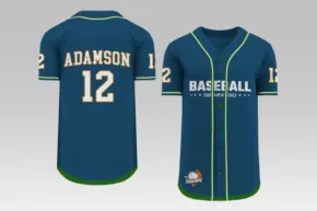 Two template designs of personalized blue baseball jerseys with yellow and white accents, featuring the name "adamson" and the number 12. - PSD Mockup