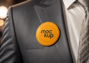 Close-up of a yellow button with "template" text pinned on a gray suit jacket, partially covered by a striped shirt. - PSD Mockup