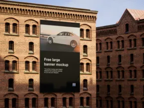 A large vertical banner showcasing a white car, with the text "free large banner template" displayed on it, set against a backdrop of a brick building with arched windows. - PSD Mockup