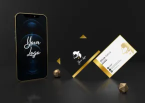 A smartphone displaying a mockup of a signature logo next to a stylized credit card and abstract golden geometric shapes on a dark background. - PSD Mockup