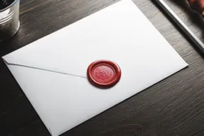White envelope sealed with a red wax stamp on a wooden table, accompanied by a glass of water and a red wax stick, serving as an ideal mockup. - PSD Mockup