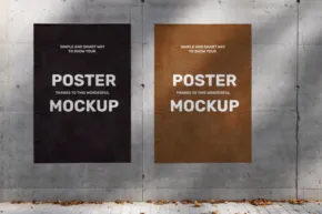 Two posters on a concrete wall, one black and one orange, each displaying the text "mockup template". - PSD Mockup