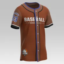 Brown and blue baseball jersey template with button-up front and various emblems. - PSD Mockup