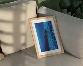 Mockup of a framed photo of a surfer on a blue wave, placed between two cushions with a plant in the background. - PSD Mockup