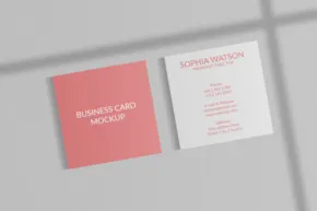Business card template with a coral-colored card adjacent to a white card featuring sample text, both set against a light gray background with geometric lines. - PSD Mockup