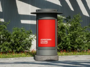 An outdoor advertising column with a red mockup reading "advertisement goes here" set against a backdrop of green shrubs and a striped building. - PSD Mockup