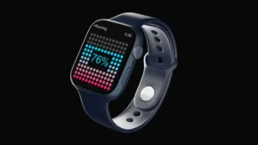 Smartwatch with a blue strap displaying a colorful pixelated heart on its screen, set against a black background using a mockup template. - PSD Mockup