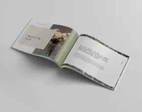 Open magazine template displaying text and a floral image on a plain background. - PSD Mockup
