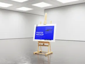 A digital canvas displaying the text "future museum" on a bright blue background, mounted on a wooden easel in a spacious, white gallery room serves as an ideal mockup. - PSD Mockup