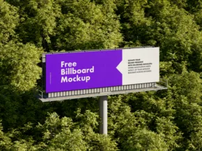 A billboard with a purple background reading "free billboard template" stands amidst green treetops. - PSD Mockup