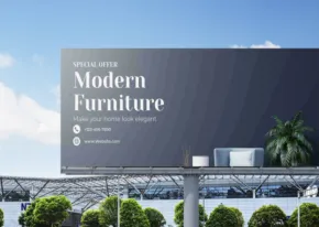 Billboard mockup for modern furniture against a backdrop of blue sky and an urban landscape. - PSD Mockup