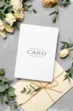 Elegant gift card mockup presentation with floral and greenery accents on a textured surface. - PSD Mockup