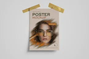 A template mockup featuring a portrait of a woman, taped to a white wall with two pieces of yellow tape at the top corners. - PSD Mockup