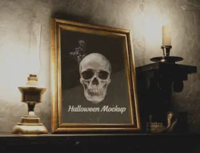 Framed skull image with 'halloween template' text, accompanied by a candle holder on a dusty shelf. - PSD Mockup