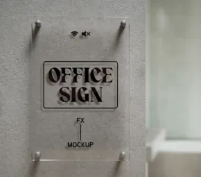 Transparent office door with a frosted glass template that reads "office sign" in bold, stencil-style letters. - PSD Mockup