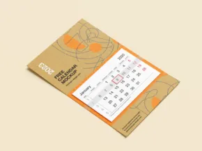 Event calendar template with a modern orange and beige design laid on a flat surface. - PSD Mockup